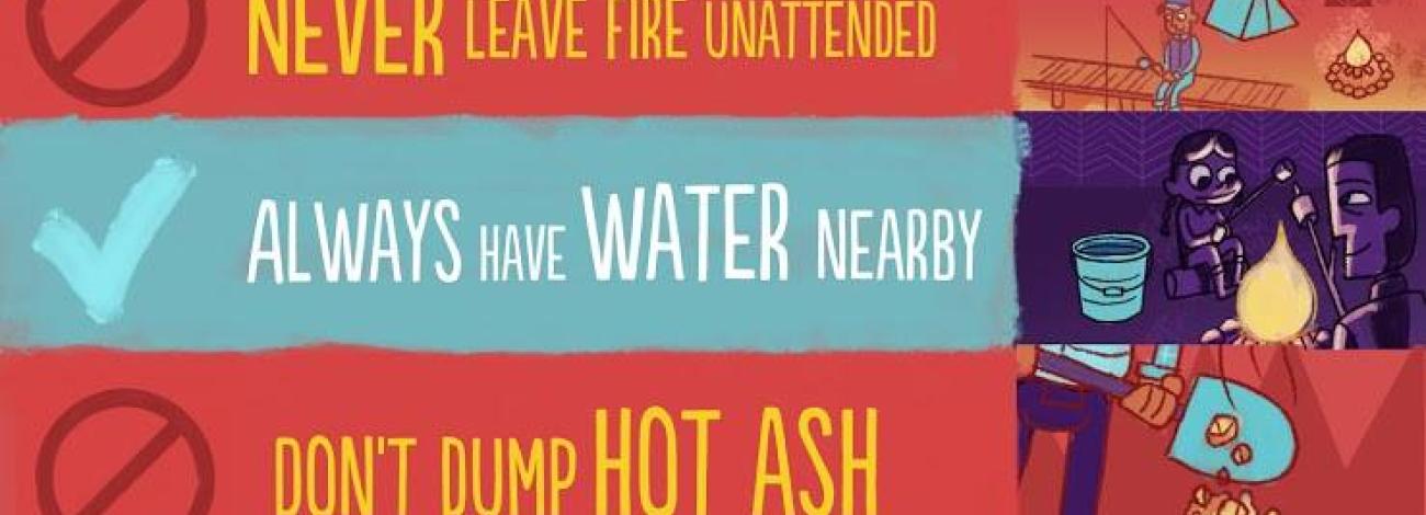 Header Text: Smokey’s Wildfire Prevention Pledge   1st line text: Be careful with fire.  Graphic: Mom and toddler sitting by campfire.   2st line text: Never leave fire unattended. Graphic: Camper fishing with campfire nearby.   3rd line text: Always have water nearby. Campers roasting marshmallows with a bucket of water nearby. 4th line text: Don’t dump hot ash. Graphic:  Shovel dropping hot ash.   5th line:  Drown, stir, repeat until out cold. Graphic: Shovel stirring ash