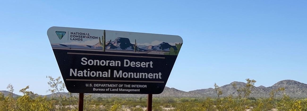 a sign with the bureau of land managment emblem. Text reads National Conservation Lands, Sonoran Desert National Monument