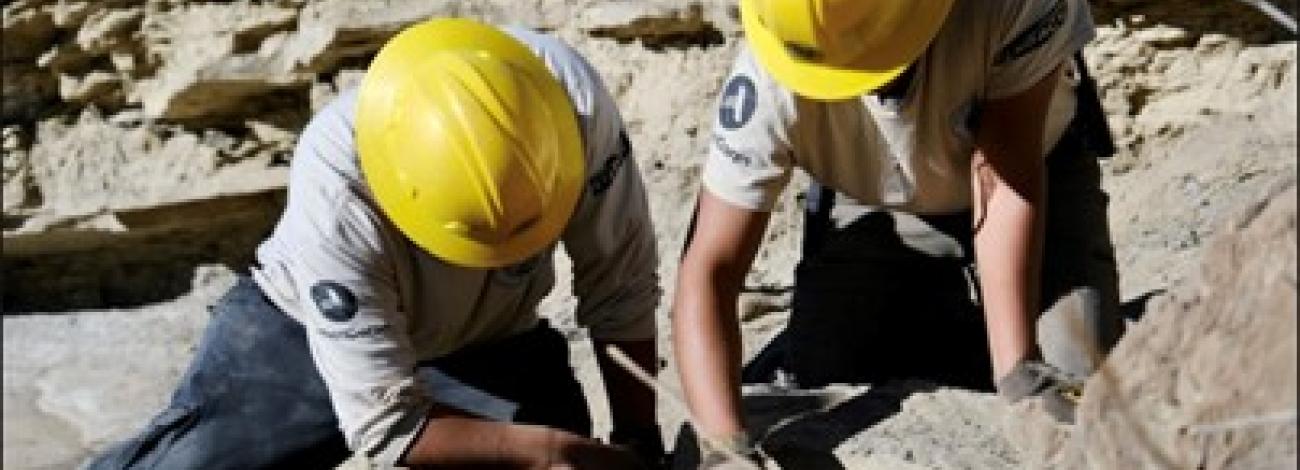 Two interns work on rocks with yellow helmets.