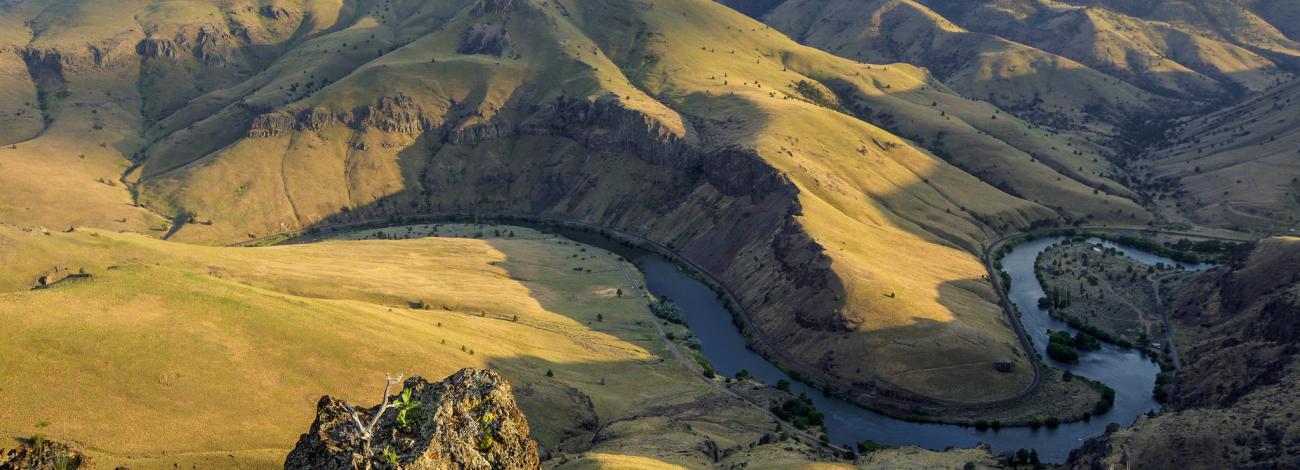 Oblique view of grass covered rolling hills above the winding Deschutes River in central Oregon.