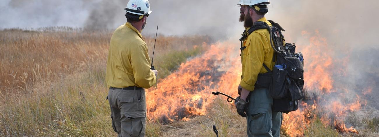 two firefighters tending a prescribed fire
