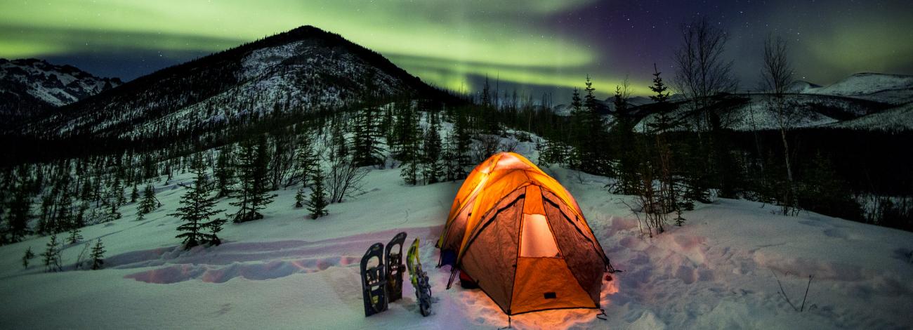 A winter campout under the northern lights. A yellow tent glows with light from within while the green lights fill the night sky.