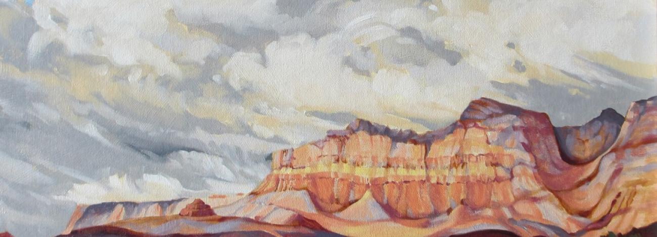 Colorful landscape painting by Sheila Kollasch showing the Vermillion Cliffs in morning light with clouds in the sky above.
