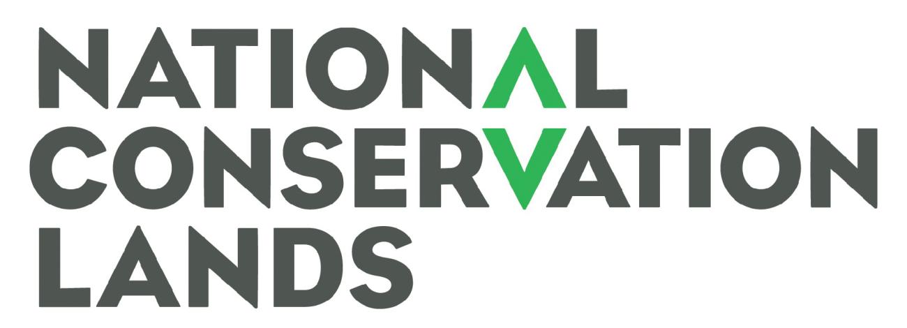 National Conservation Lands logo with gray and green writing. 