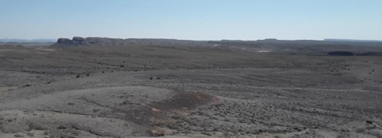 A dry desert landscape with blue skies