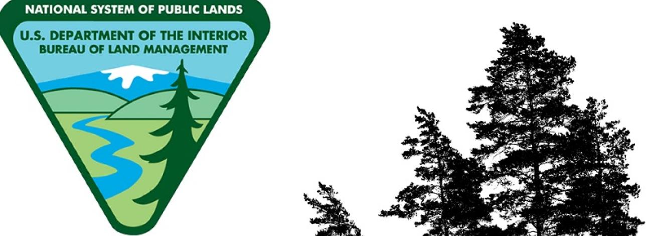 blm logo with black and white trees next to it