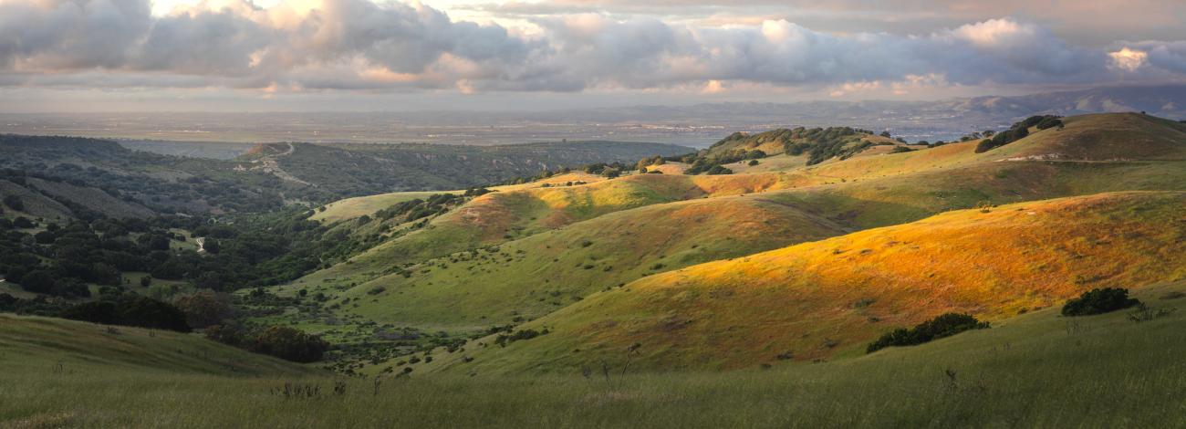 Sunset over rolling, green hills