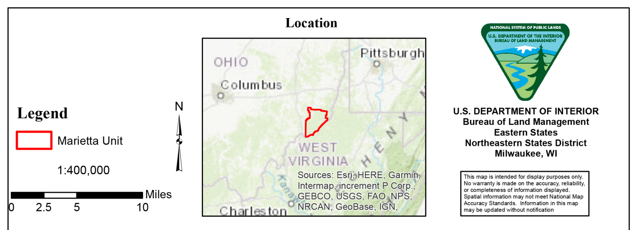 A map containing the Marietta Unit of the Wayne National Forest outlined in red. Below that is an inset map zoomed out, showing the area is located on the Ohio and West Virginia Border. A BLM logo, and a map legend showing distance are in separate boxes on the right and left of the inset map, respectively.