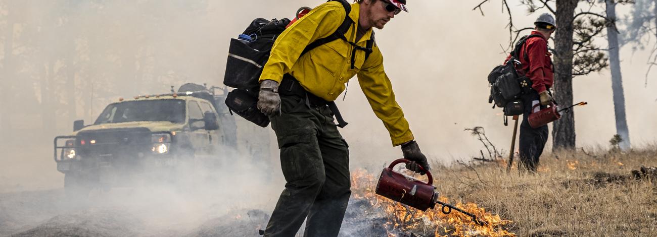 man donning fire equipment conducts a prescribed burn in the forest using a drip torch.