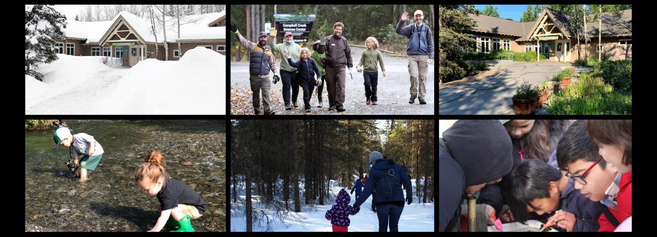 Group of CCSC photos. Building in winter, people waving, summer view of the building, kids in a stream, person holding a child's hand, looking at a stream sample.