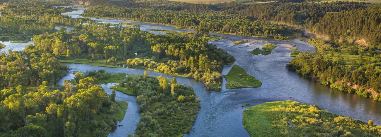 River rolling through a green, mountainous plain in Idaho.