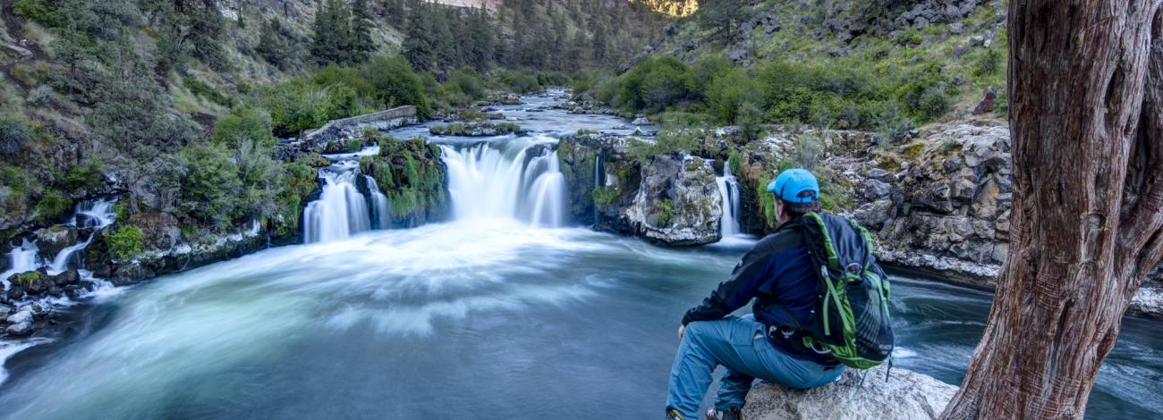 a man looks at a waterfall