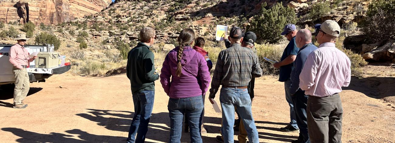 A group of people stand around a map in front of a desert canyon.
