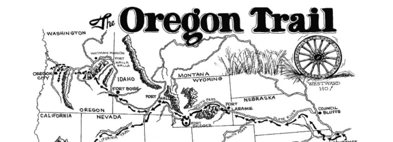 black and white line map of oregon trail starting in missouri and leading to oregon