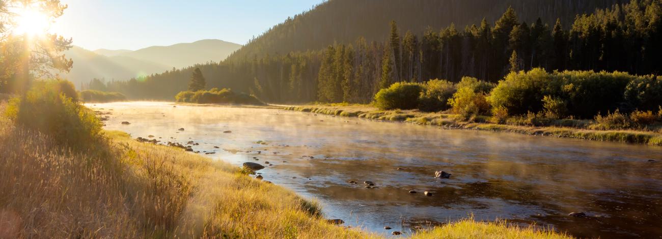 Photo of a river surrounded by grass, trees and mountains at sunrise