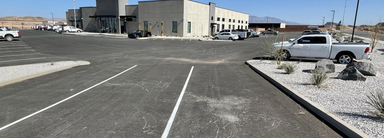 An office building and a parking lot