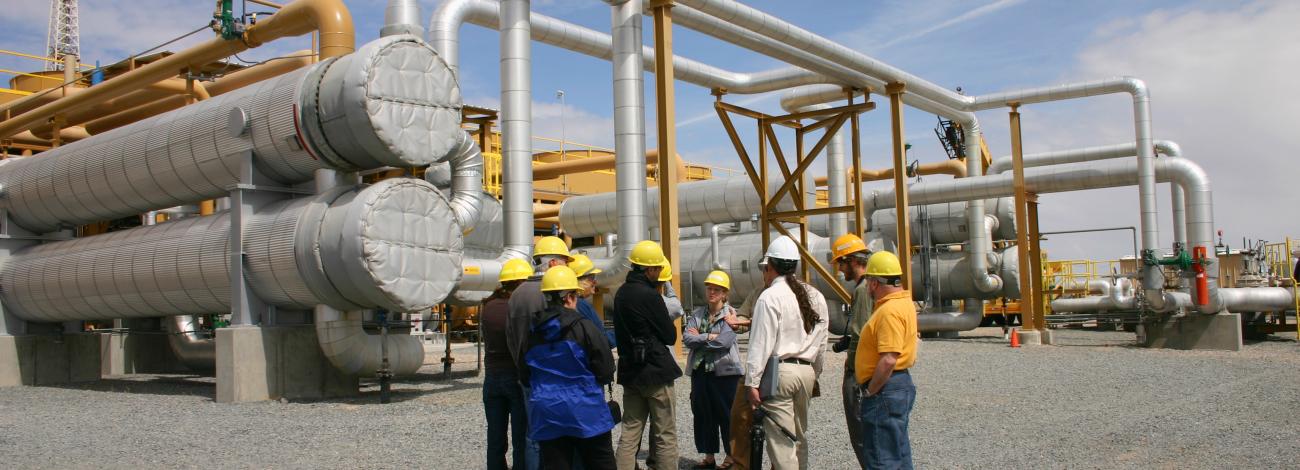People gather in front of pipes at a geothermal plant on a sunny day.