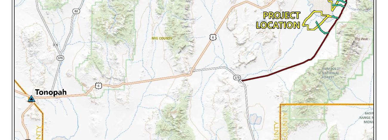A map depicts the location of a mining project near Tonopah, Nevada.
