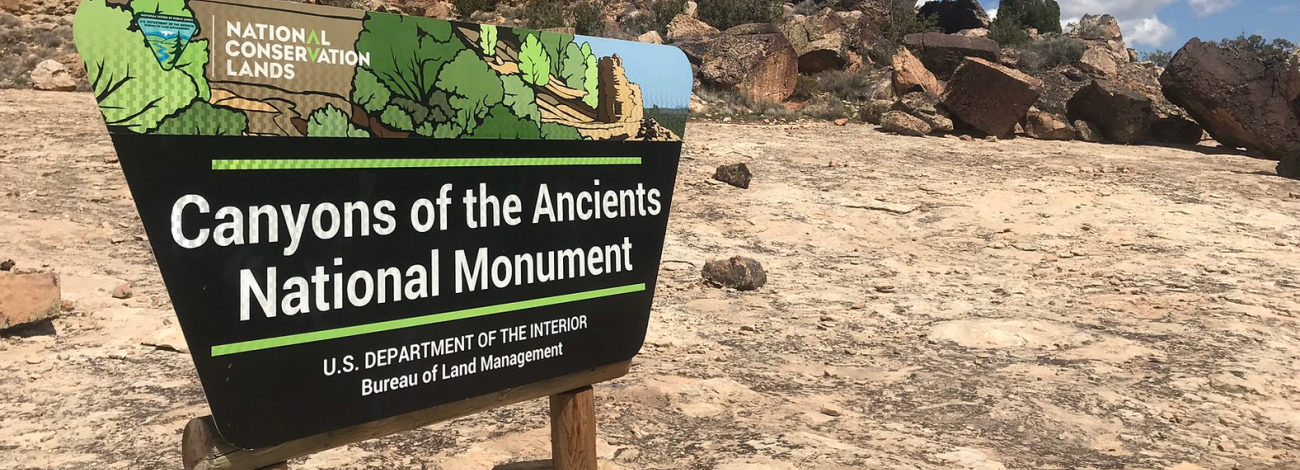 rocky landscape with sky and sign saying Canyon of the Ancients National Monument