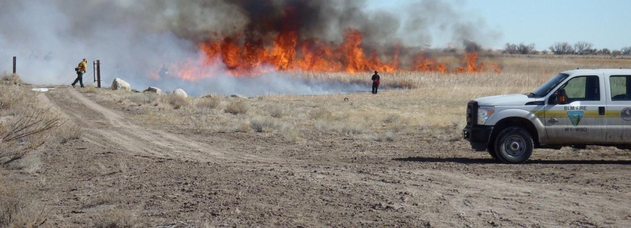 BLM fire truck in the foreground with fire burning in the background in WY at a prescribed burn.