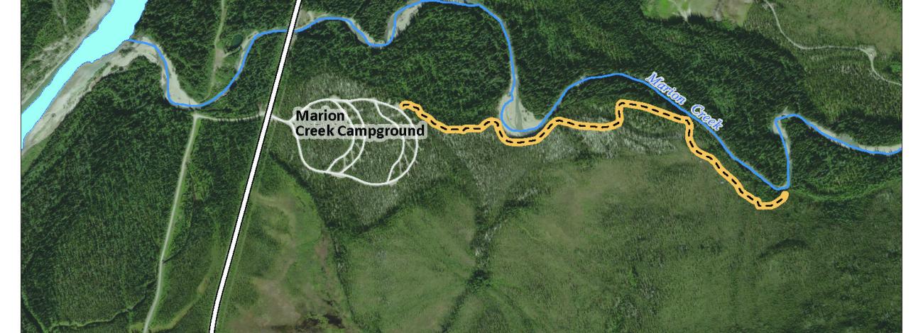 image of the fire closure order map showing the closed Marion Creek Falls Trail near the Marion Creek Campgound. 