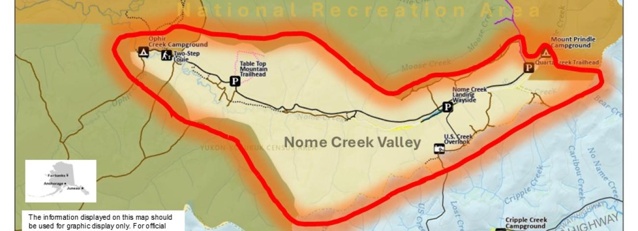 Thumbnail image of a map of the Nome Creek Valley showing the fire closure area