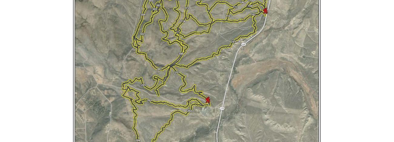 Map showing the junction of Highway 227 and 228 about 2 miles southeast of Elko with the proposed network of trails.