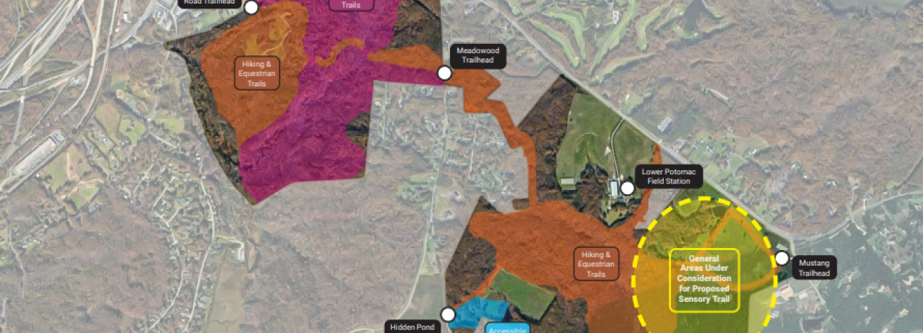 Map displaying various trailheads and paths, highlighting areas for hiking, biking, equestrian trails, and a proposed sensory trail.