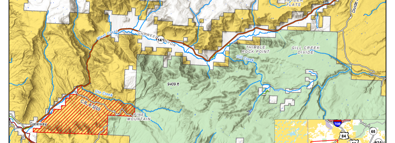 Map of BLM-managed public lands near Gateway, Colorado, that remain closed while crews continue repair work after Turner Gulch Fire.