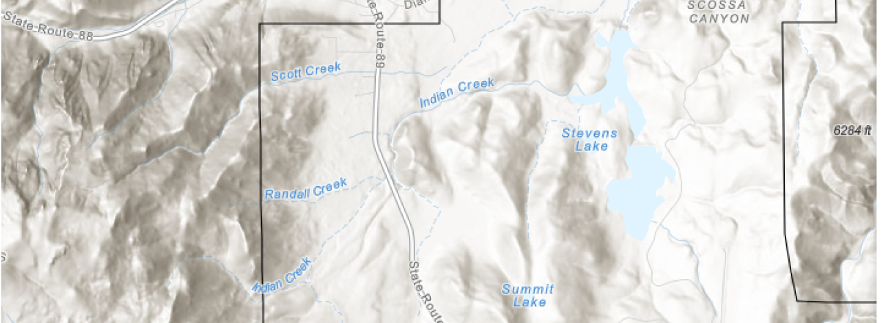 Map showing location of Curtz Lake between CA State Route 89 and Alpine County Airport.