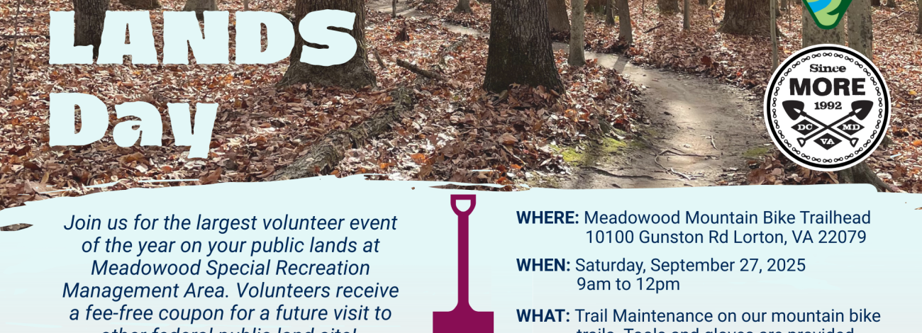 A promotional flyer for National Public Lands Day with event details for a volunteer trail maintenance day at Meadowood Mountain Bike Trail.
