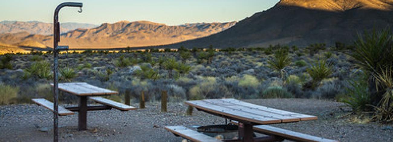 Two picnic tables in a desert campground