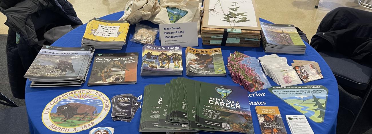 Table displaying various brochures, educational materials, and promotional items related to wildlife, geology, and public lands management.