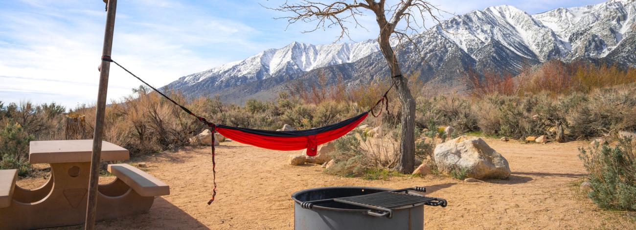 desery campground with a fire pit and hammock and snow capped mountains in the distance