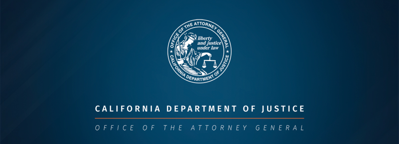 California Department of Justice OAG press release cover image. Blue background white text.