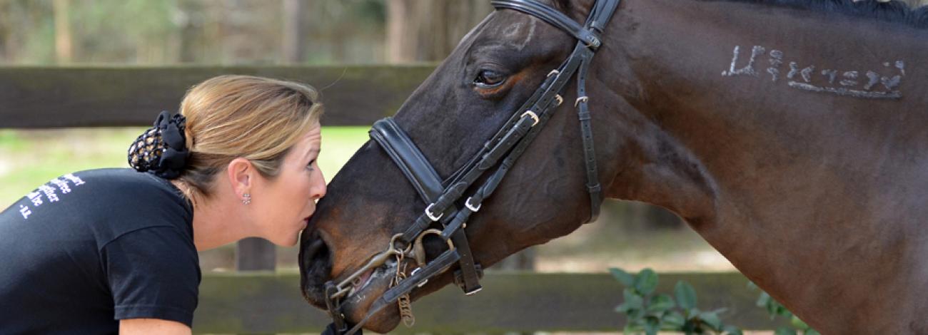 Women kisses nose of horse. 