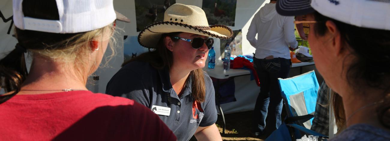 Women in cowboy hat talks to two people at horse adoption event.