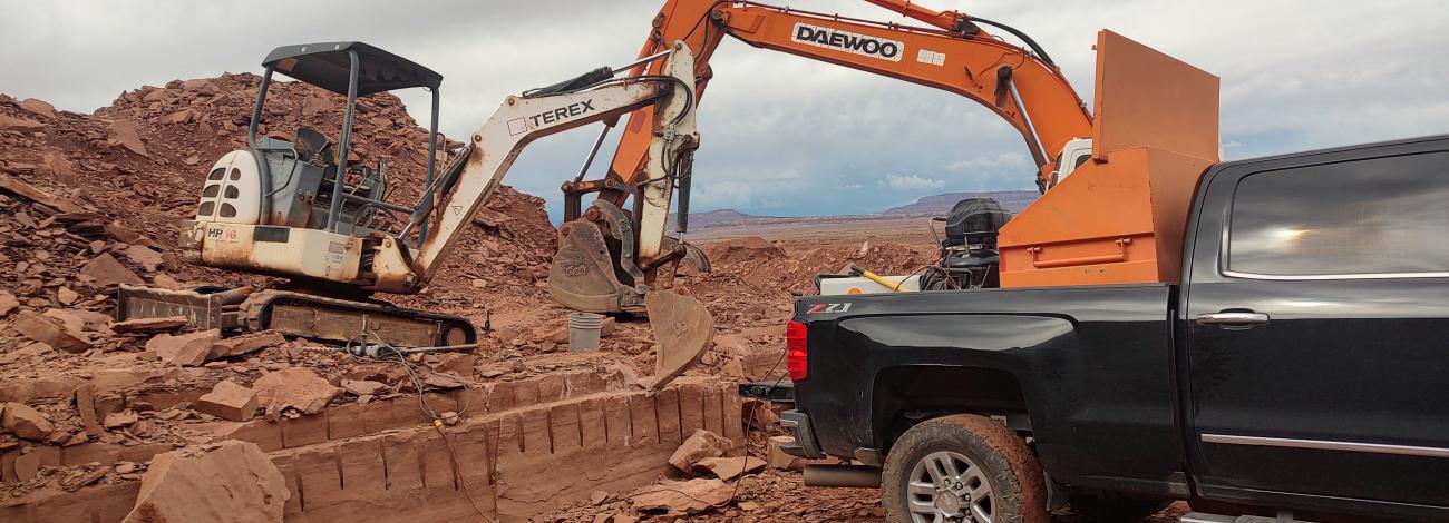Close up of machinery loading up specialty stone from the Bitter Seep Community Pit, in Arizona.