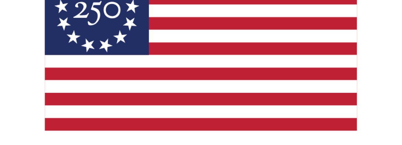 Logo of Freedom250 showing American flag with stars arranged in circle around 250. Words under logo says Freedom 250
