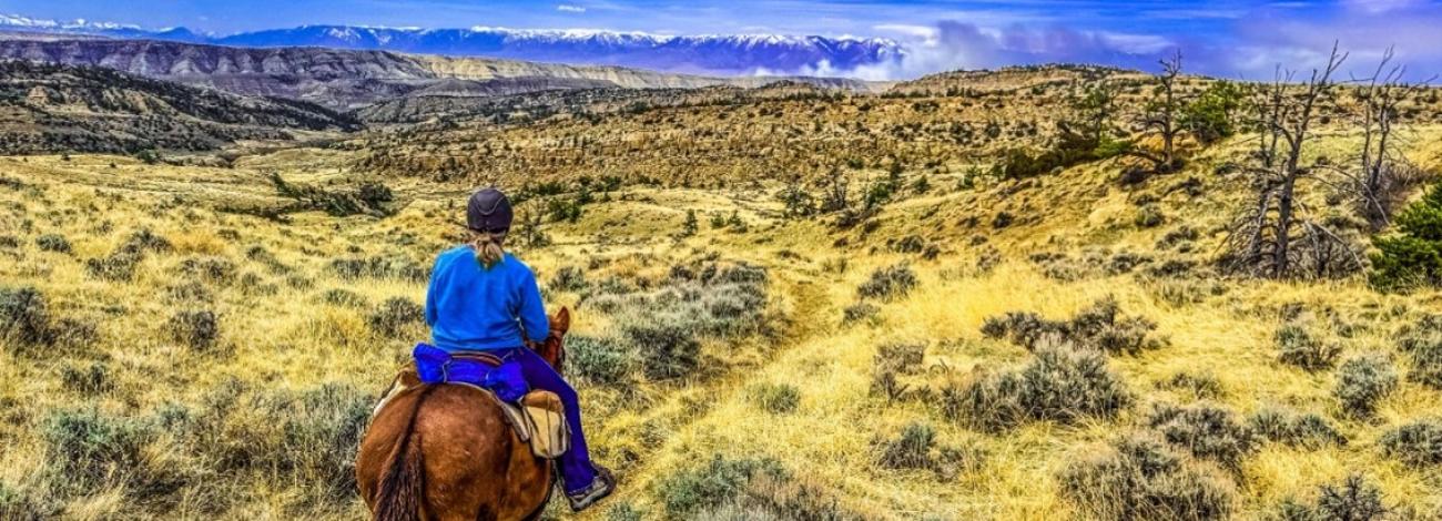 Horseback rider on a trail managed by BLM, with open landscape in the background