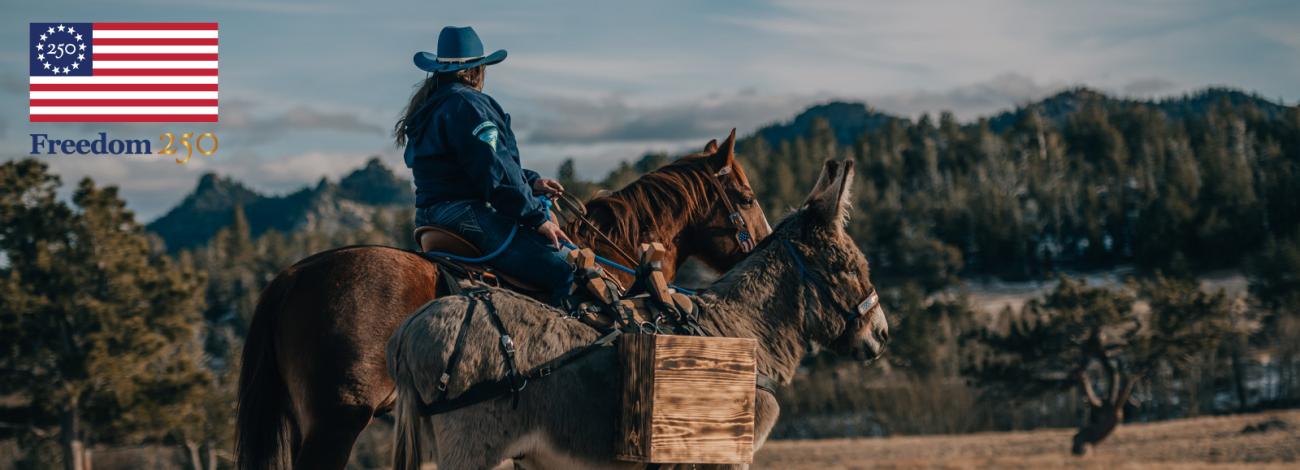 A woman in blue cowboy hat and jacket riding a brown horse with a gray burro by its side, looking out at mountains and rangelands. The Freedom250 logo is in the top left corner. 