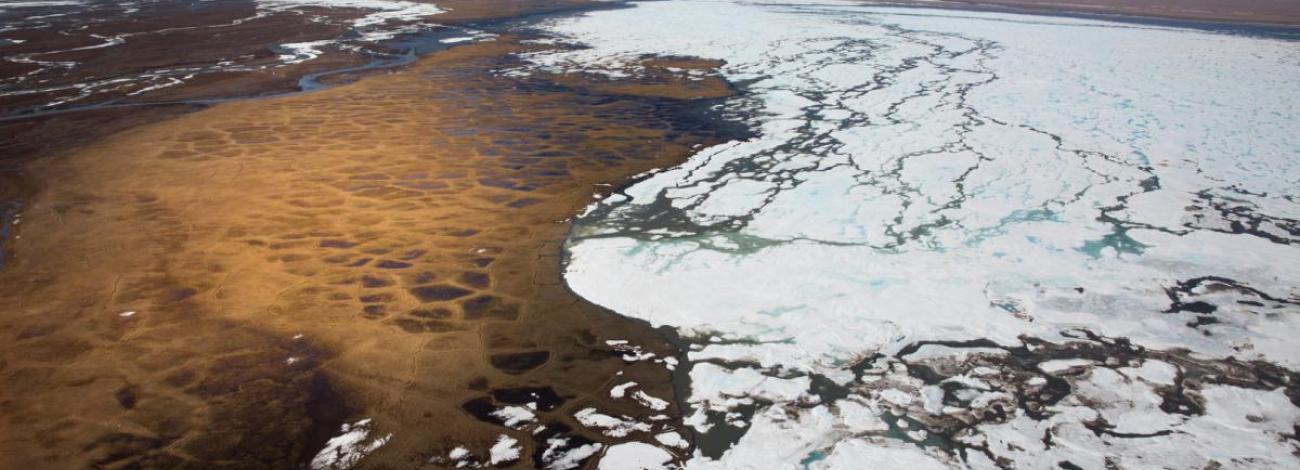 A landscape showing a frozen body of water meeting brown land is seen from a high elevation, with a blue sky above.