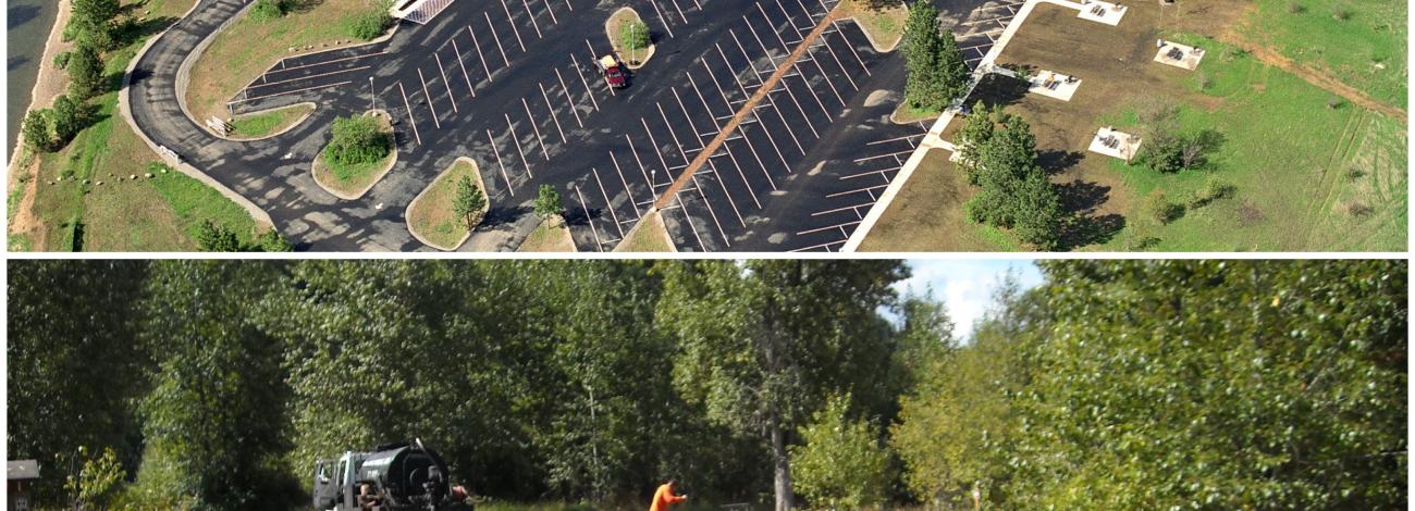 Collage of parking lot aerial and person resurfacing asphalt