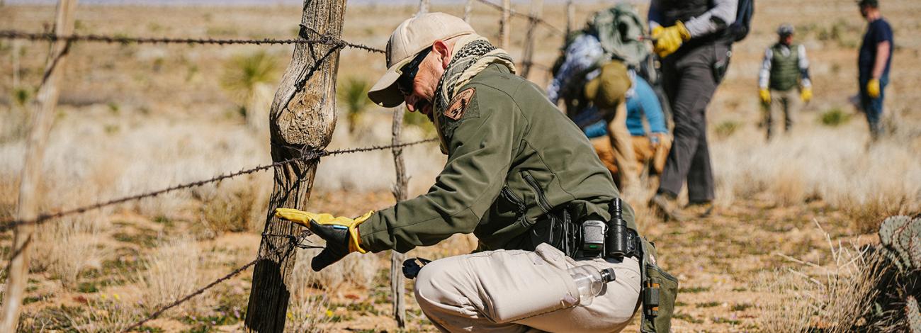 The lower strand of barbed wire was removed and replaced with a solid strand of wire 18” above the ground, designed to protect bighorn sheep. 