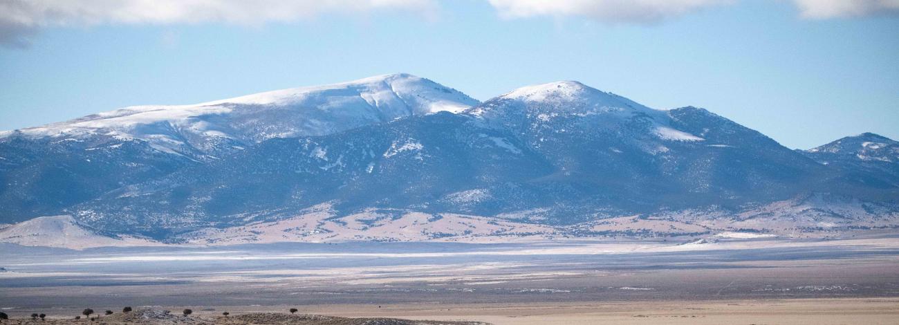 Desert valley floor in the foreground of a mountain range.