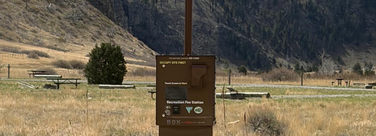 A photo of a credit card enabled kiosk in a recreation area with mountains and trees in the background