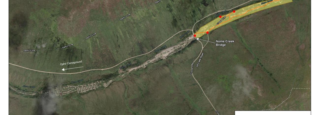 Map of Nome Creek showing the restoration area and the location of the closed trail. 