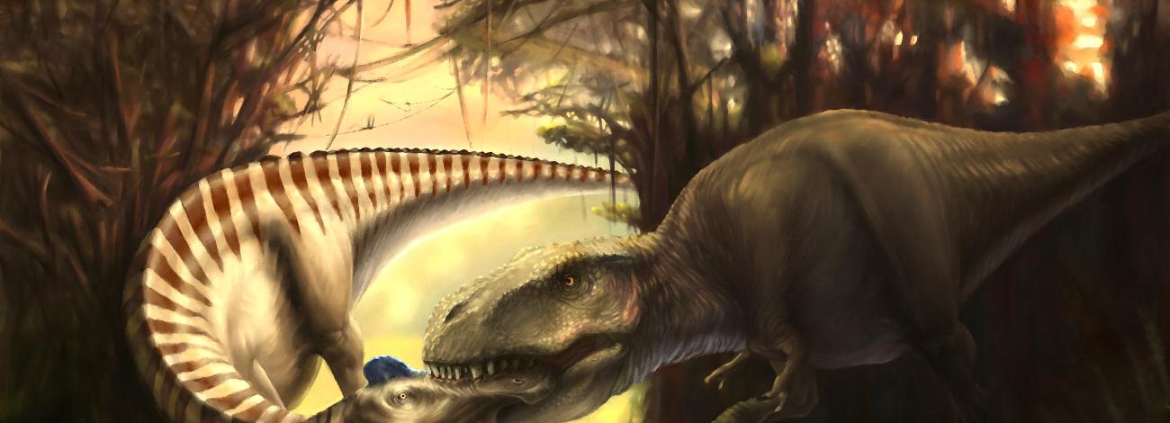 an illustration of a t. rex biting through the head of an edmontosaurus.