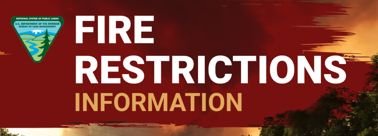 Picture with a big wildland fire smoke column in the background with the text 'Fire Restrictions Information' and the BLM logo overlayed.