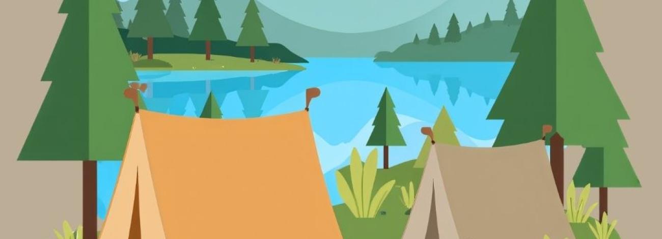 Graphic of tents and blue sky with mountains and water